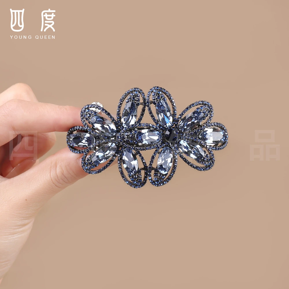 新款重工水钻花朵一字弹簧夹后脑勺半扎发发夹精美轻奢发饰头饰