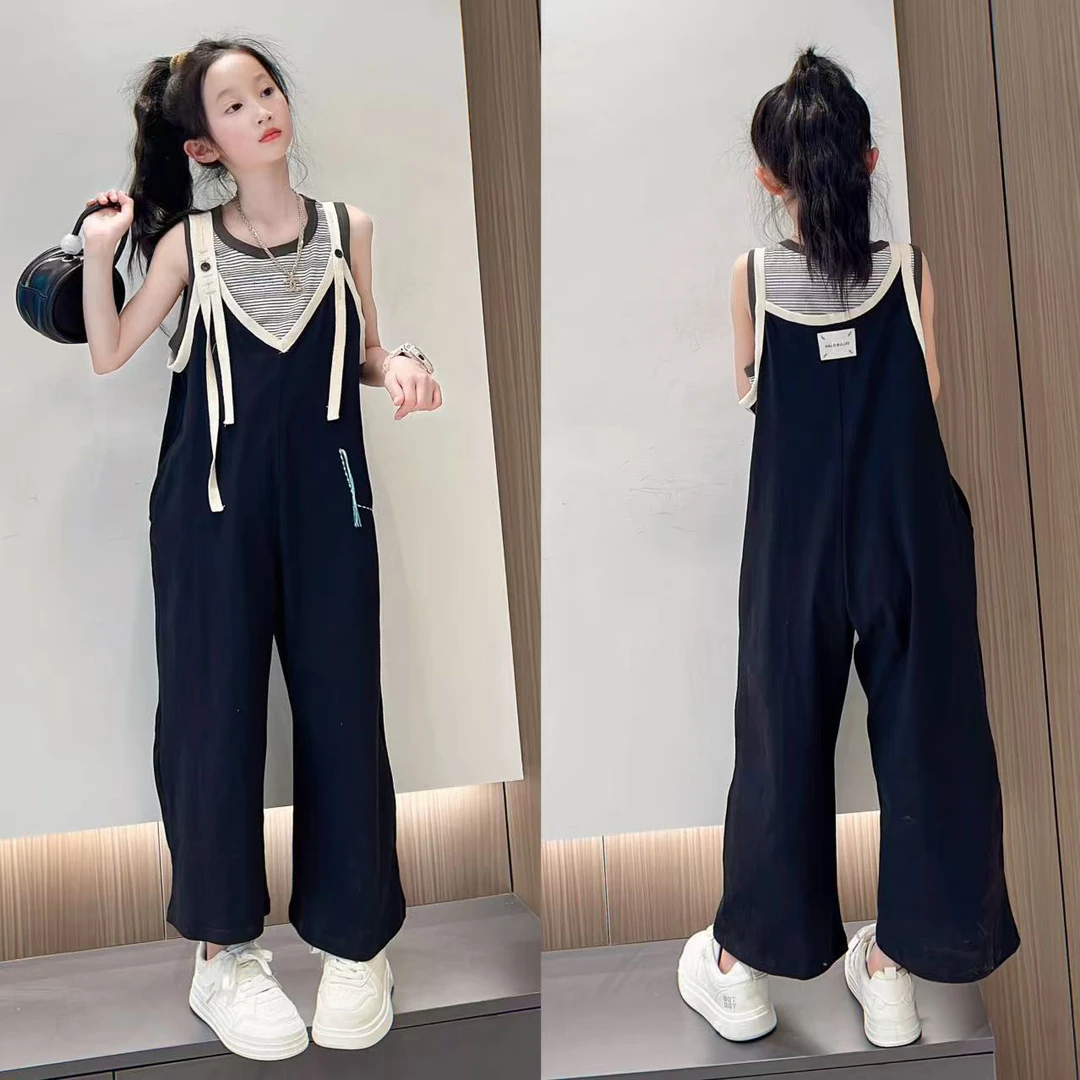 女童背带裤套装夏季2025新款洋气儿童连体裤夏天女大童时髦两件套