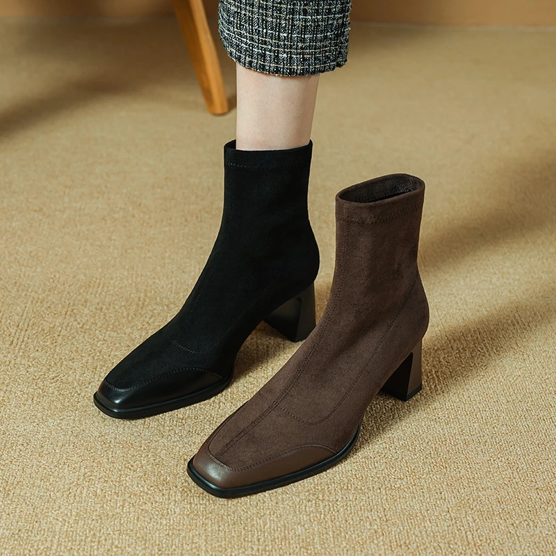 超好穿~法式时尚绝美弹力瘦瘦靴秋冬新款方头粗跟复古短靴女靴子