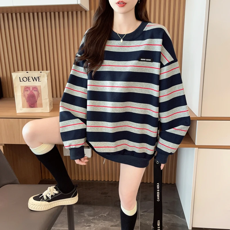 慵懒风复古撞色条纹宽松上衣女秋季新款休闲百搭显瘦圆领长袖T恤