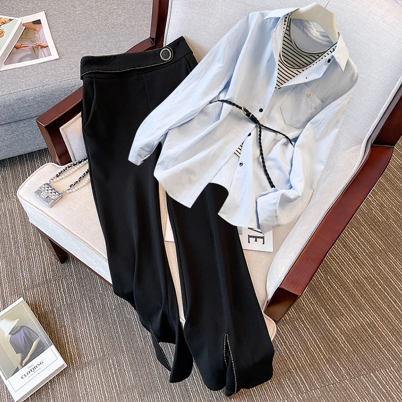 韩系早秋穿搭套装女2025新款高级感轻奢衬衫微喇裤气质显瘦两件套
