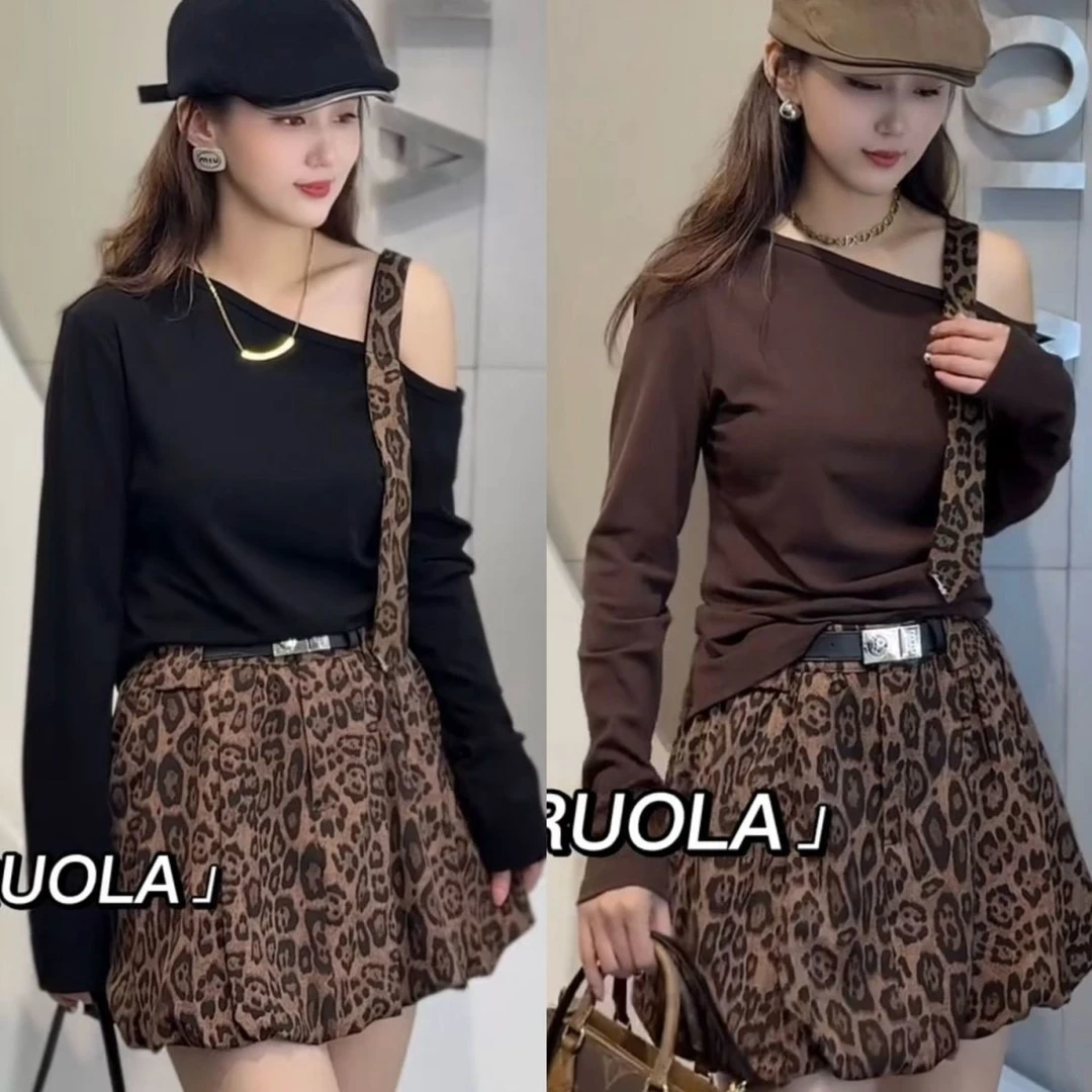 2025时尚复古港风秋季新款设计小众爆款长袖上衣豹纹短裙两件套