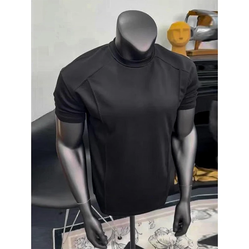 高级感黑色boxy拼接修身短袖男款夏季美式重磅硬挺抗皱小领口T恤