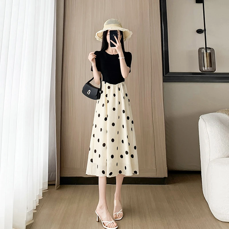 法式黑色连衣裙女夏季2025新款波点拼接假两件显瘦小个子a字裙子