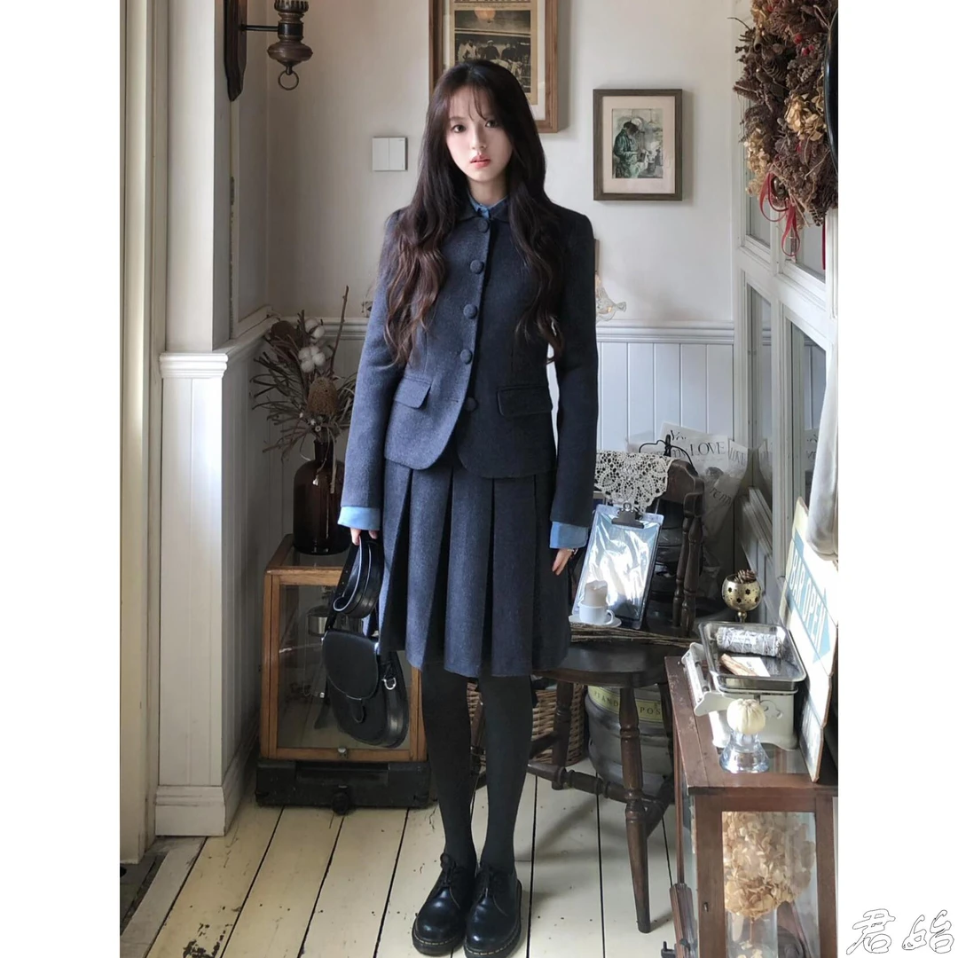 韩系复古学院风西装两件套女秋冬季新款小香风西服外套气质套装裙