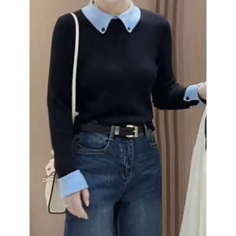 Polo领拼接撞色正肩长袖针织衫女2025秋冬新款修身显瘦打底衫上衣