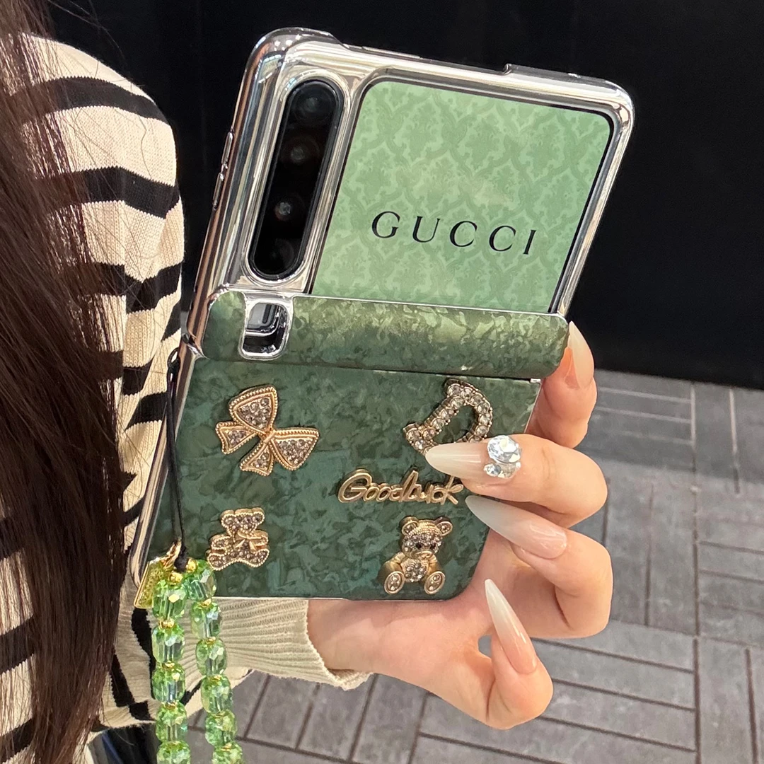 适用华为puraX折叠屏手机壳绿色皮纹PuraX典藏版立体金属小熊链条