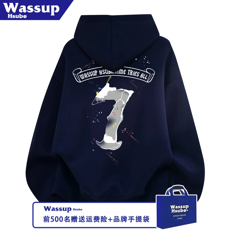 WASSUP秋冬季潮流数字设计印花街头风藏青上衣男女款连帽套头卫衣