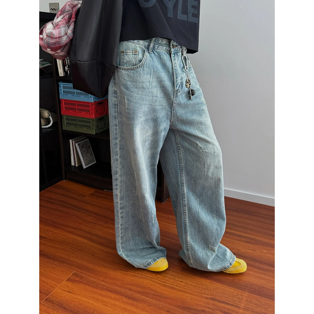 19studio WAYNEPRINCE美式经典款水洗蓝牛仔裤复古休闲阔腿直筒裤