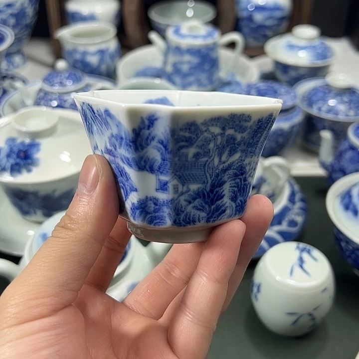 微瑕柴窑工笔山水四方杯