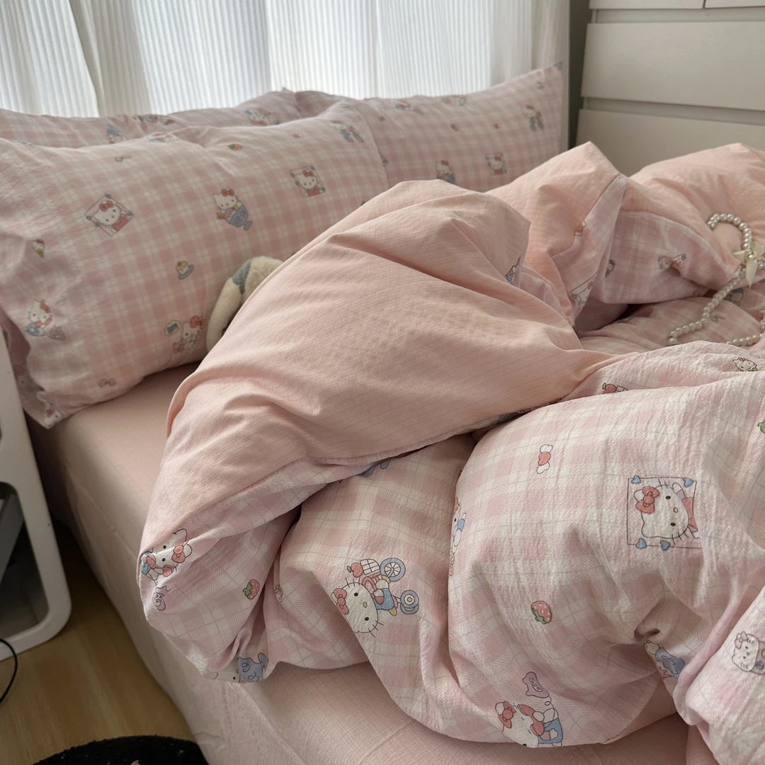 超可爱kt猫双层纱床单四件套卡通款被套非全棉纯棉宿舍床上三件套