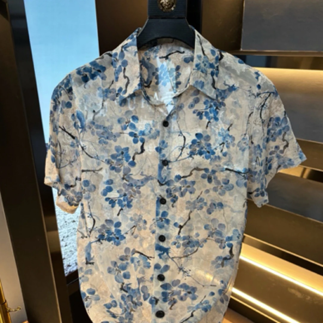 2569冰丝提花夏季新款男士新中式休闲衬衫短袖上衣潮牌翻领宽松