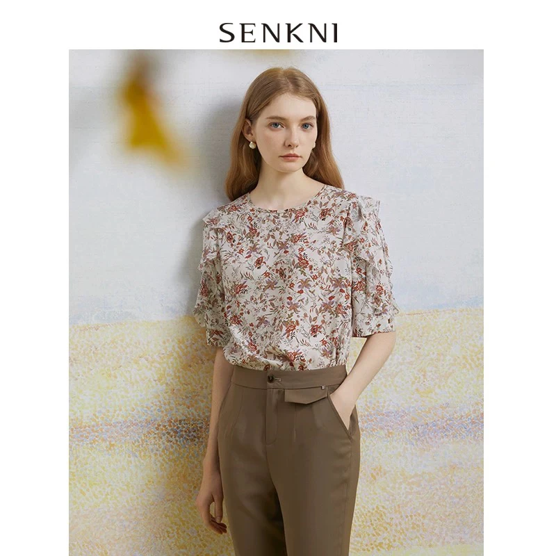 senkni/圣可尼桑蚕丝夏季印花小衫复古荷叶袖衬衫S121114MD