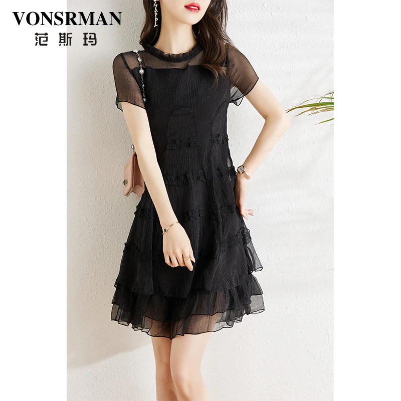 网纱拼接黑色连衣裙女夏季2025新款气质宽松遮肚子显瘦胖mm娃娃裙