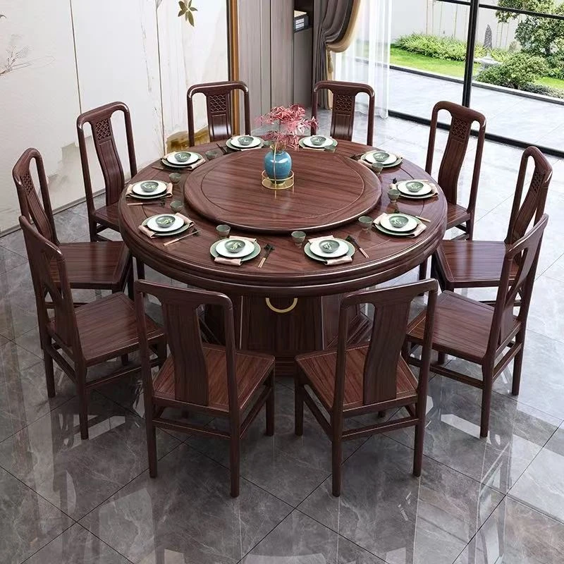 专属链接新中式乌金木餐桌椅组合折叠高端实木圆桌带转盘现代家用