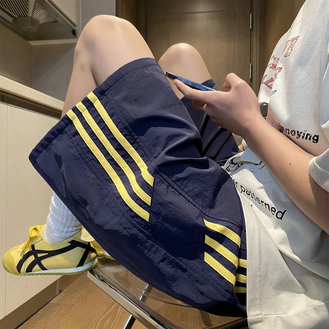 美式撞色条纹速干短裤男夏季薄款透气五分裤高街痞帅运动风沙滩裤