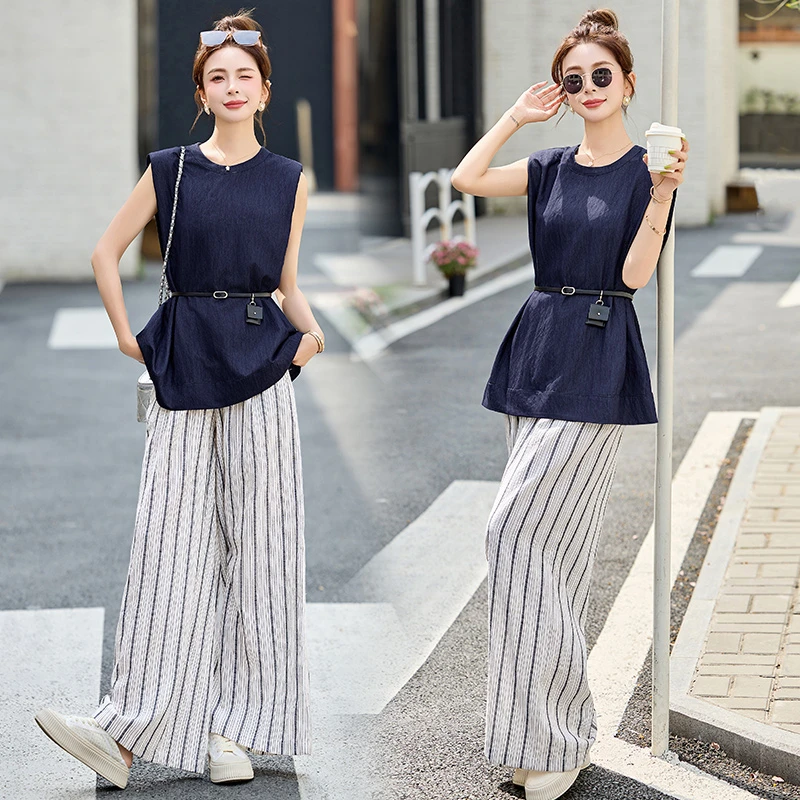 夏季休闲牛仔上衣无袖马甲减龄美拉德风显瘦显高条纹阔腿裤套装女