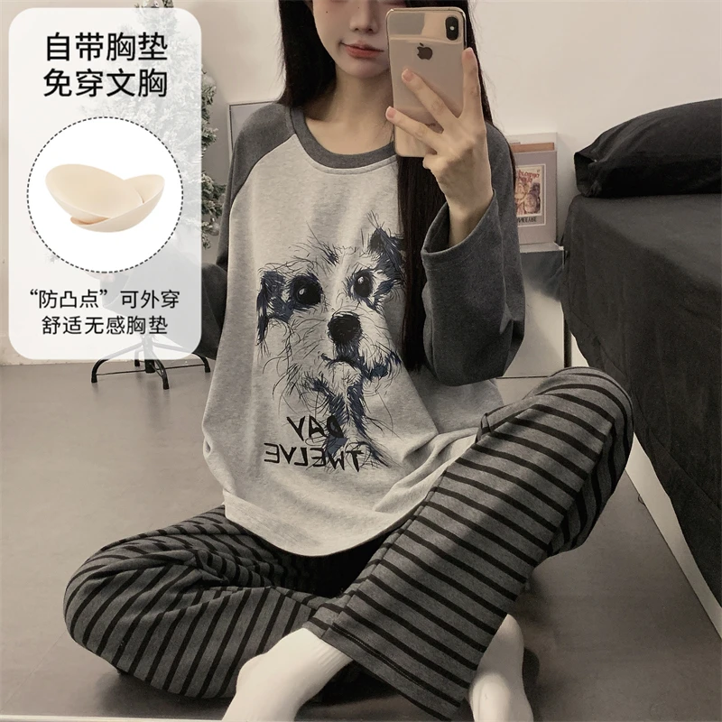 芯语婷春秋季新款字母小狗睡衣女士带胸垫甜美卡通长袖家居服套装