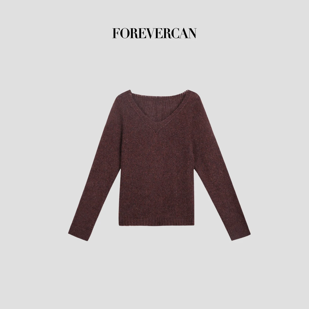 FOREVERCAN“紫定发”美丽诺羊毛宽松V领针织上衣 CANMY3078C