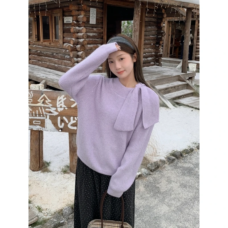 【年末捡漏】软糯紫色半高领系带毛衣女针织衫宽松百搭长袖上衣冬