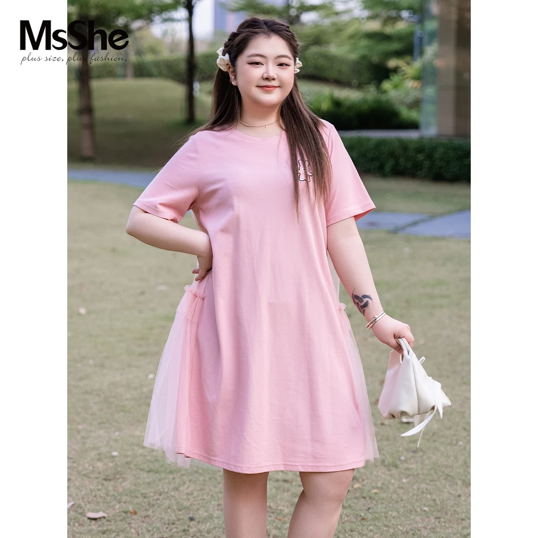 【珠地棉】MsShe大码女装2025新款夏刺绣拼接网纱连衣裙D~F2504003