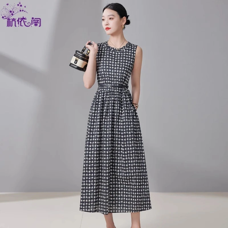 纯棉格子连衣裙女夏2025新款高级感气质通勤显瘦复古无袖背心裙子