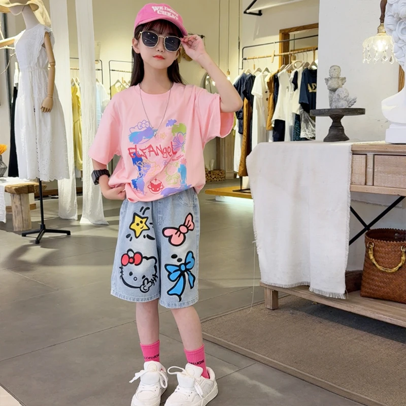 女纯色卡通夏季套头薄款套装洋气休闲阔腿女孩夏季女童休闲夏装
