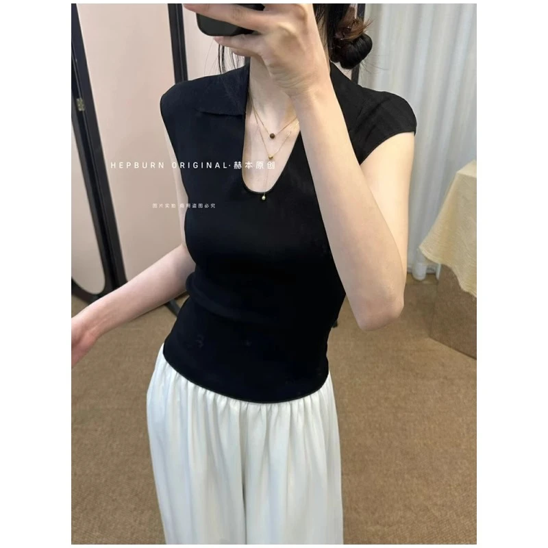 新款翻领无袖冰丝打底衫女夏法式高级感修身显瘦短袖t恤黑色上衣