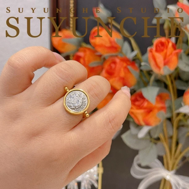 钛钢戒指 Suyunche2279时尚别致撞色设计可旋转复古戒指