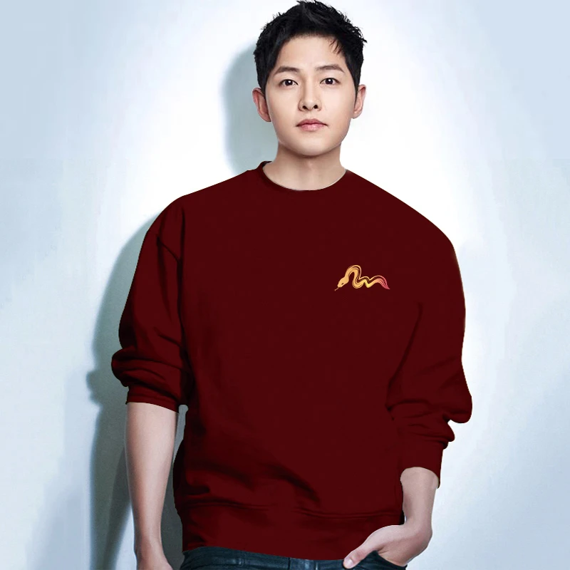 仓石一树潮牌酒红色圆领卫衣男秋冬季加绒纯棉情侣蛇年本命年衣服