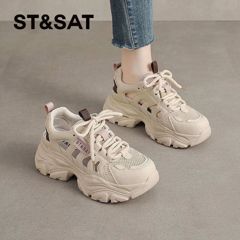 星期六女鞋镂空透气老爹运动休闲鞋2025新款时尚百搭系带潮流凉鞋