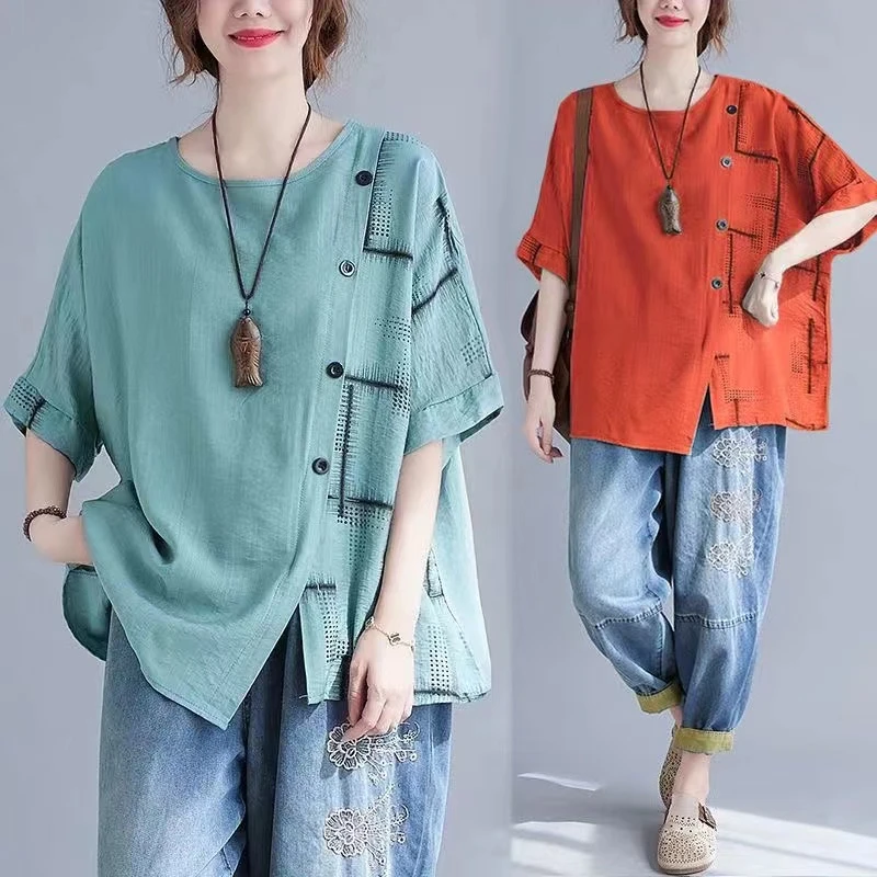 【当天发+退货包邮】夏季新款棉麻女装上衣服宽松显瘦短袖T恤女124