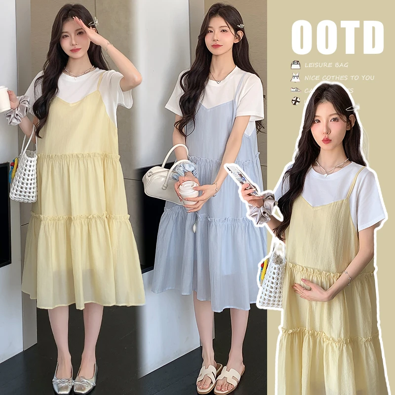 孕妇装宽松夏季新款孕妇装韩版纯棉T恤拼接雪纺连衣裙假两件裙子