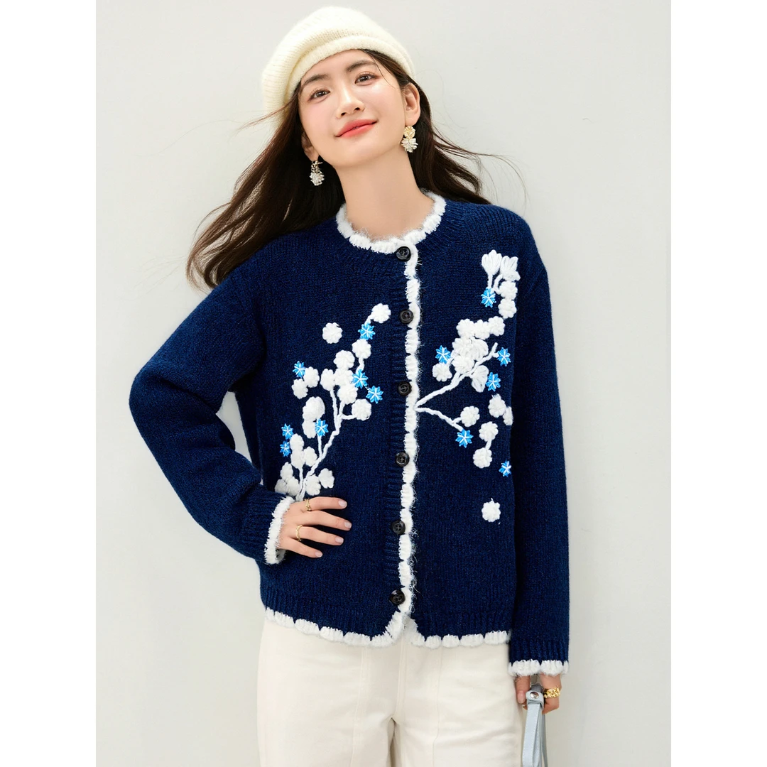 慵懒风短款针织衫外套女秋冬2025新款小个子立体花朵宽松开衫毛衣