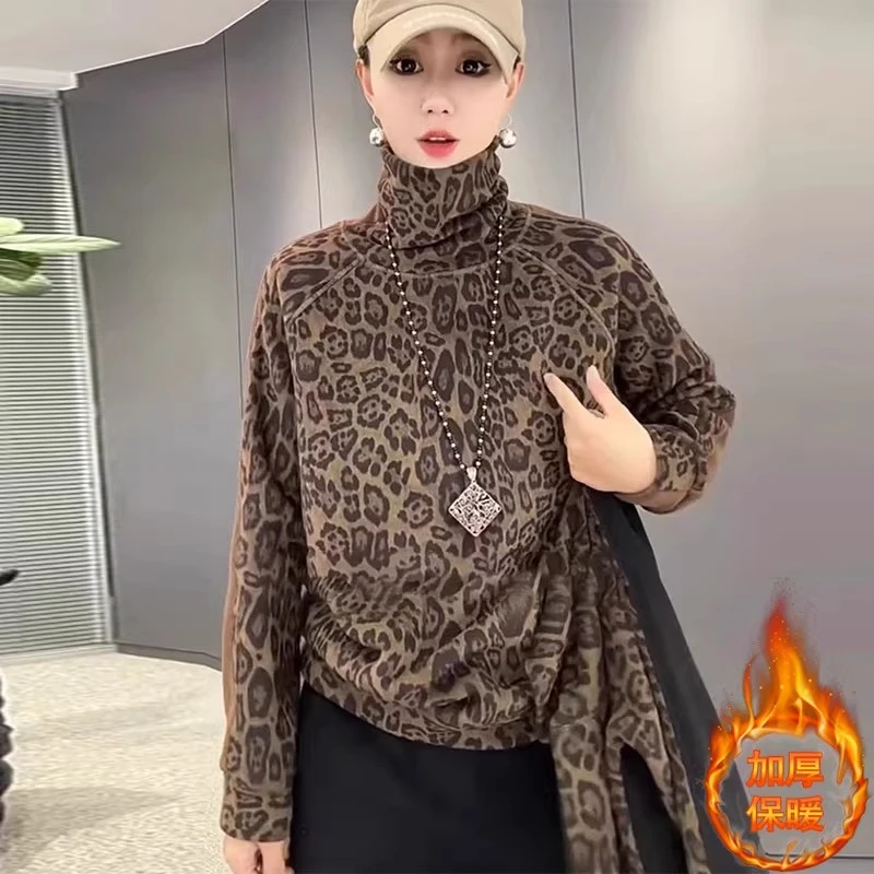 双面德绒打底衫女士豹纹印花半高领长袖卫衣春秋季加厚保暖上衣