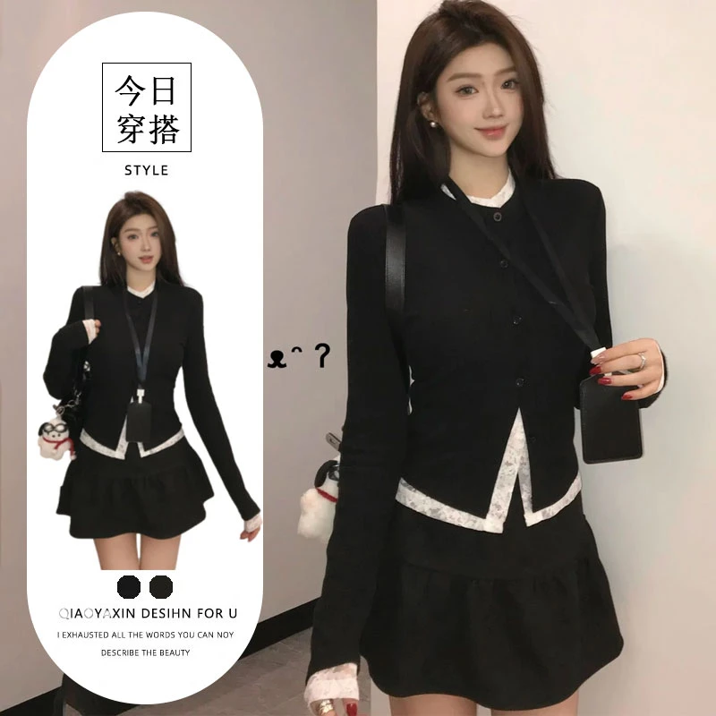 女生韩系ins衣服三件套蕾丝内搭长袖开衫短上衣高腰显瘦半身裙子