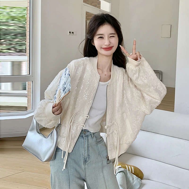 棒球服外套女2025春秋亮片高级感短款中式国风盘扣小个子夹克上衣