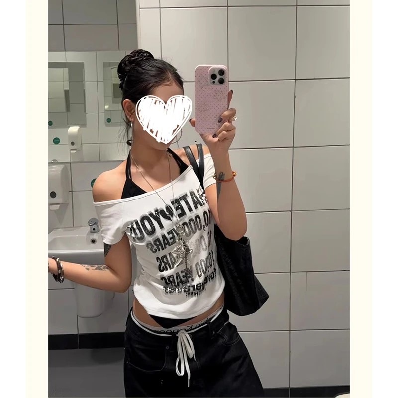 【番茄妹妹】美式做旧字母假两件露肩挂脖短袖夏季女修身短上衣T恤