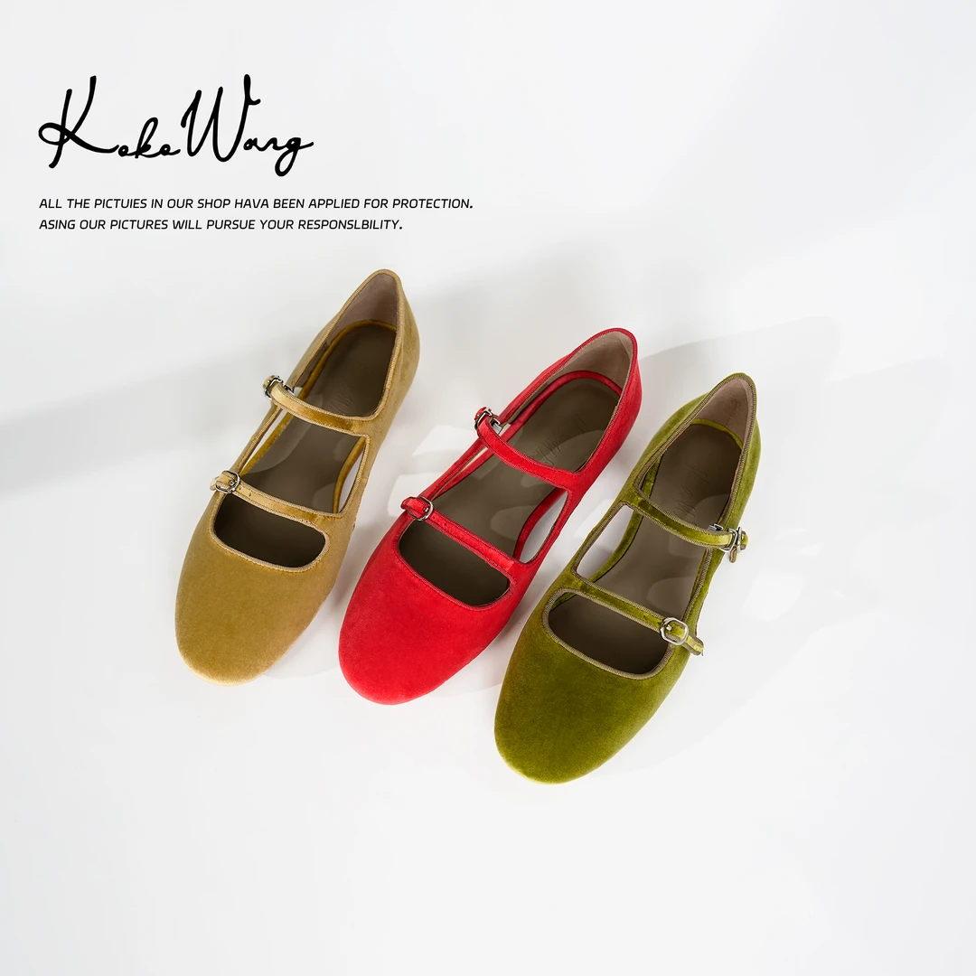 KOKO WANG时尚气质绒面平底一字带扣镂空玛丽珍单鞋485805C07X06