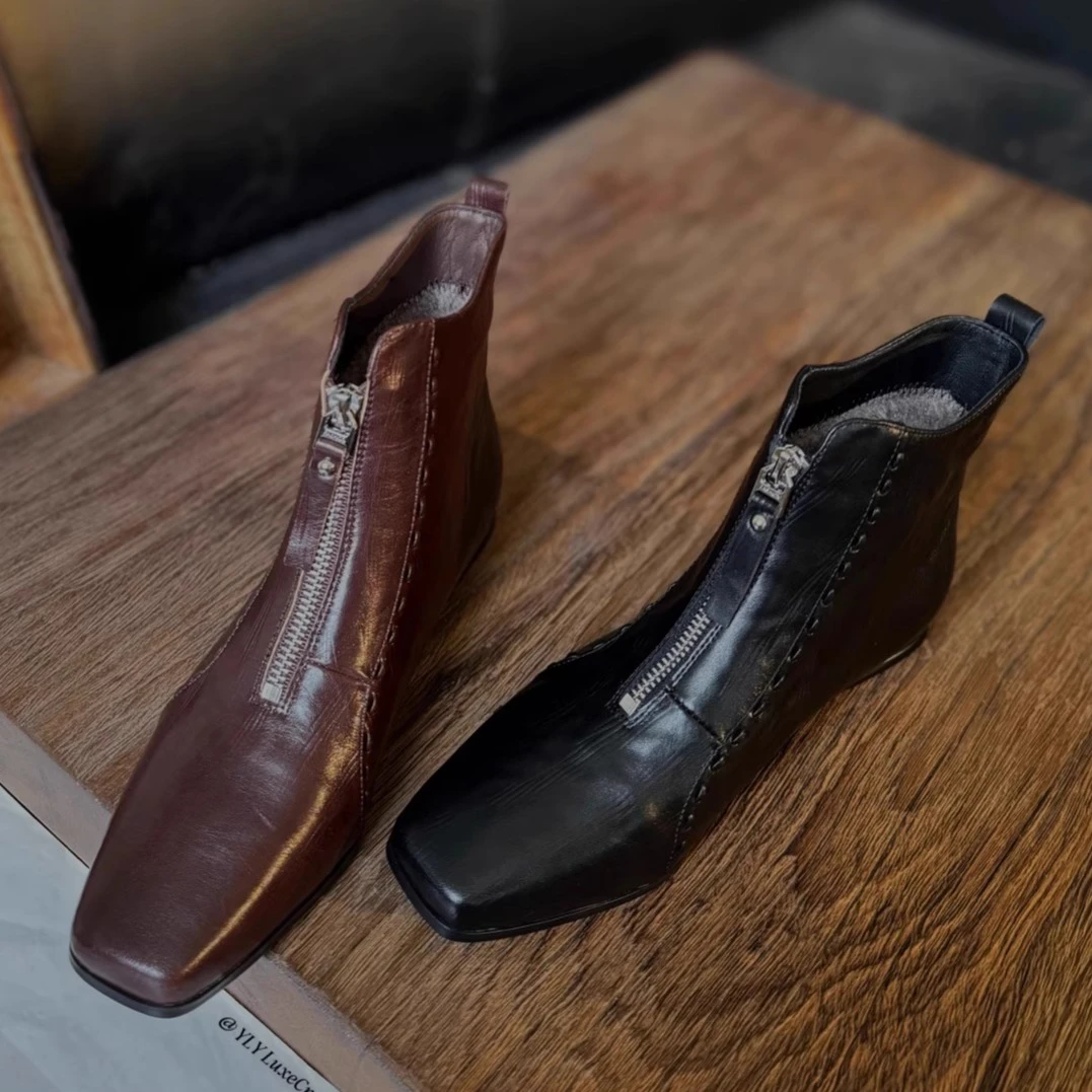 2026B-30真皮短筒靴子女棉靴英伦复古冬季加绒保暖时尚前拉链靴子