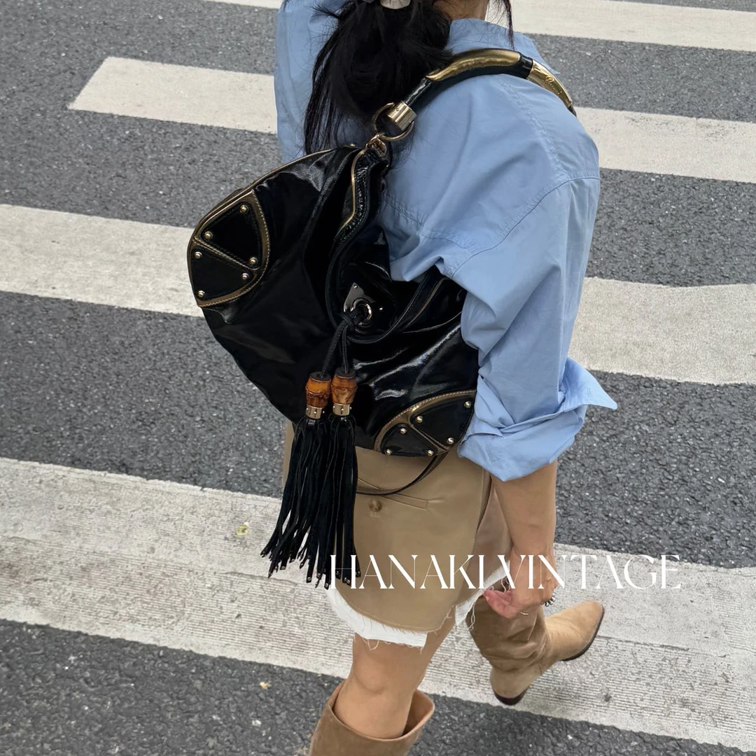 95新 GUCCI/古驰 花绮中古/Gucci黑色流苏秀款腋下包