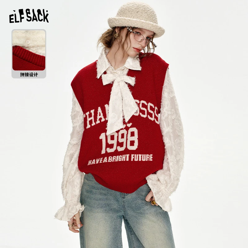 6064【金拐子】妖精的口袋浪漫捷径假两件拼接红色针织衫女2024