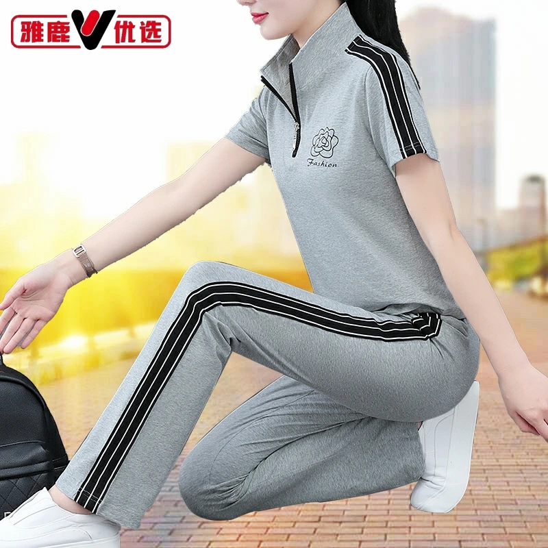 雅鹿优选运动套装女夏季2025新款大码短袖长裤休闲跑步服两件套女