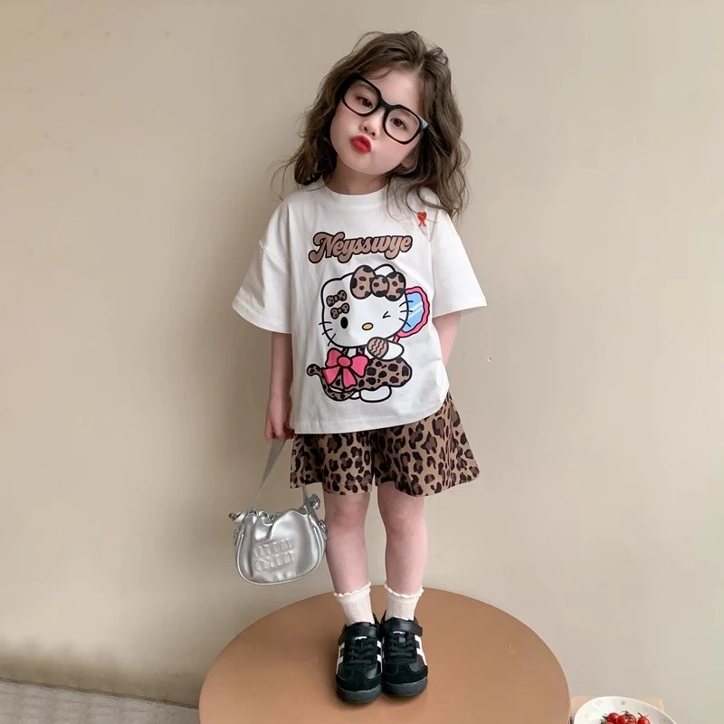 【现货】2025韩版女童夏季两件套中细童女宝宝印花豹纹短裤套装休闲
