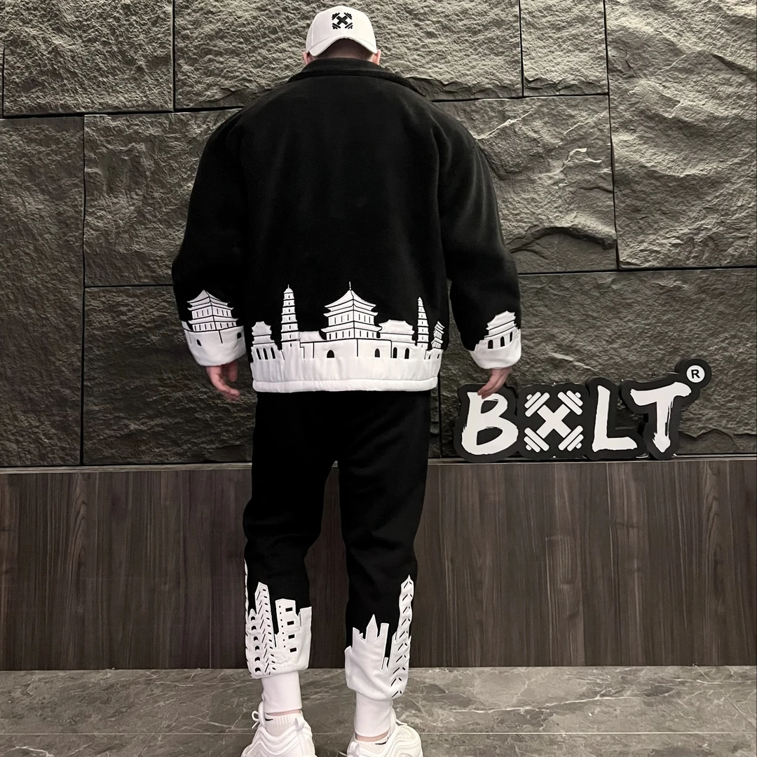 BXLT原创“国风古建筑”重磅刺绣羊羔绒外套
