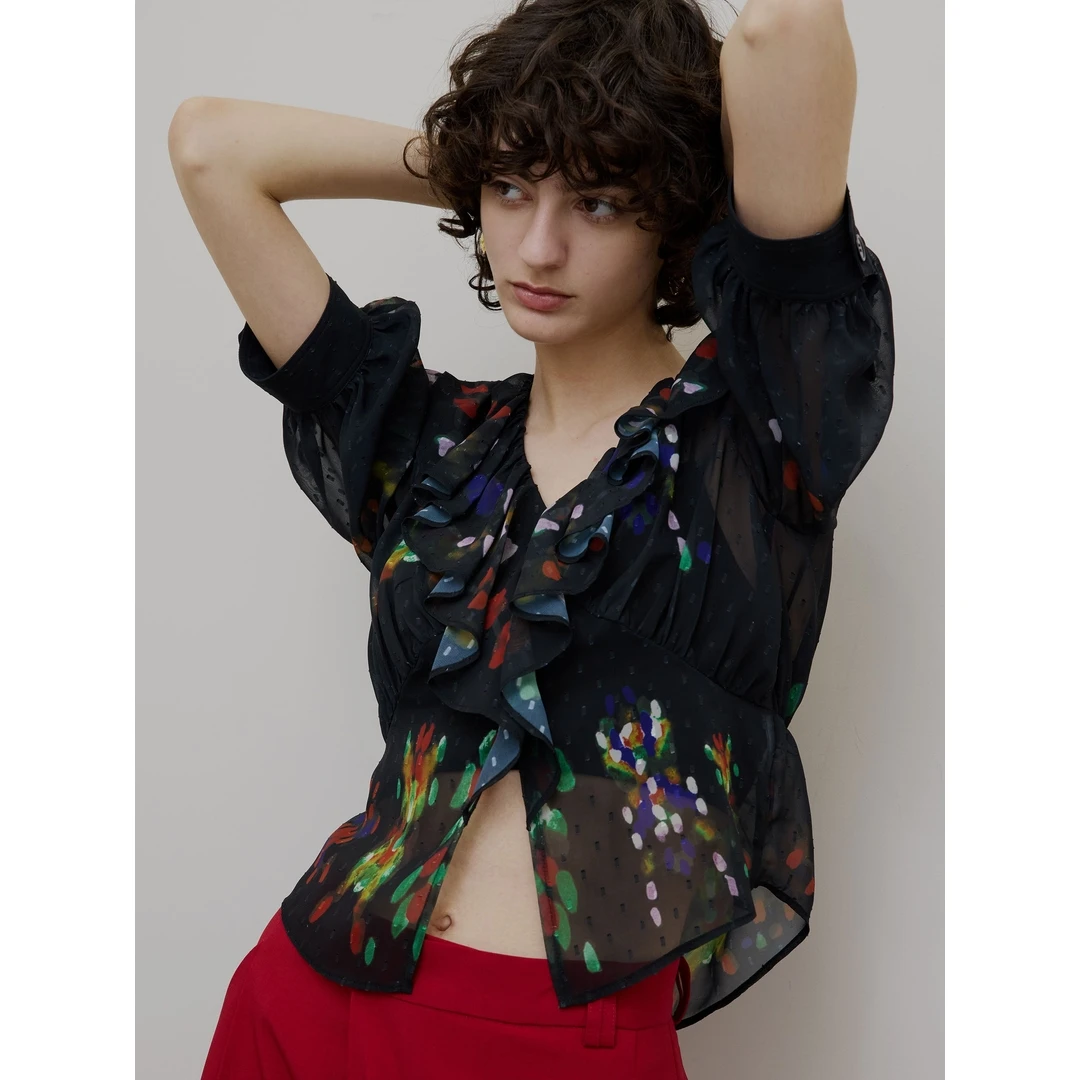 【胖虎家】夏季新款 代 时尚洋气华贵水彩印花女装荷叶边衬衫