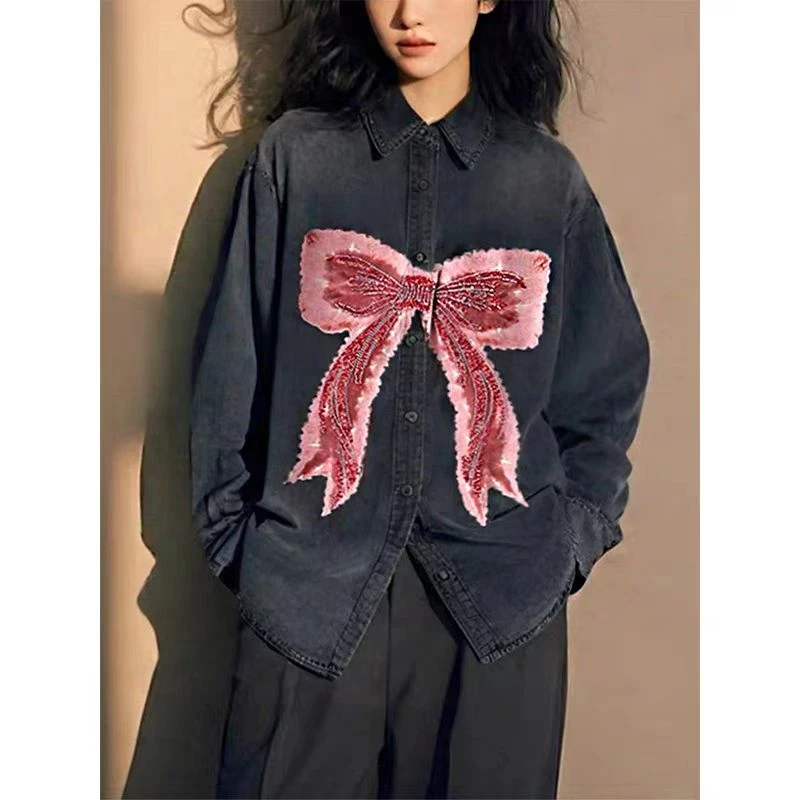 （鸦鸦家牛仔衣）蝴蝶蝴蝶结长袖刺绣衬衫外套宽松秋季美式百搭短款