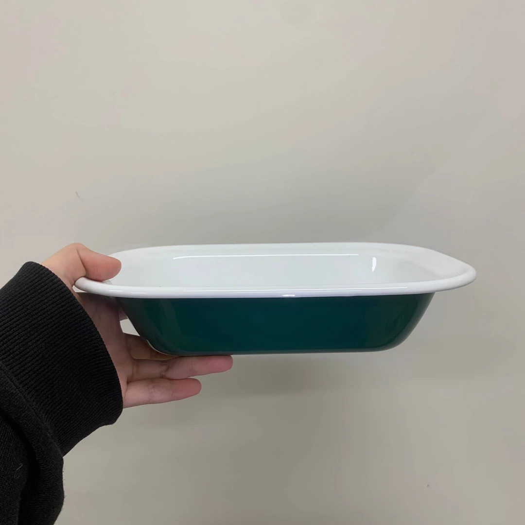 【微瑕】椭圆形铁搪瓷烤盘 内白、外墨绿23.7x17.7x5.2cm  fd