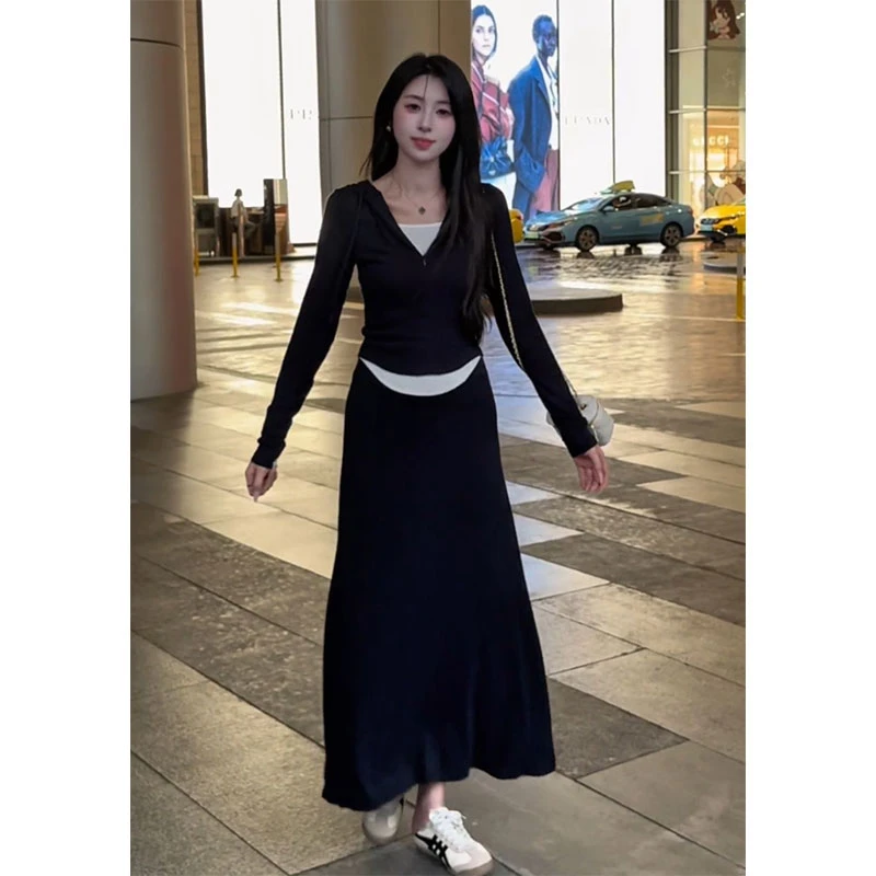 法式时尚休闲风穿搭长款简约半身裙子正肩假两件短款长袖开衫套装