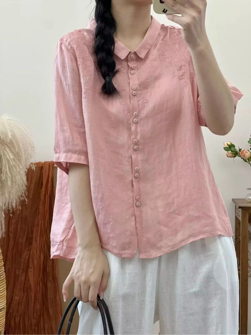 纯苎麻开衫纯色665夏季新款翻领单排扣刺绣衬衫文艺休闲百搭上衣